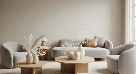 Serene Neutral Living Room Ensemble Featuring Plush Armchairs and Sofa with Natural Wood Coffee Tables