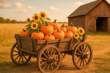 Rustic Wooden Cart with Pumpkins and Sunflowers