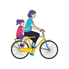 Fototapeta premium A mother and daughter riding a yellow bicycle together, enjoying a leisurely outdoor activity.