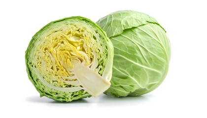 Fototapeta premium Fresh green cabbage head and half, displaying vibrant green and subtle yellow tones, showcased against a bright white background.
