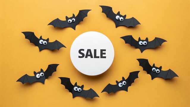 Online halloween shopping. Promotion featuring playful bats surrounding a "SALE" circular sign on a vibrant yellow background.