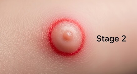 A red and white circular object on a smooth, light-colored surface with a red border.