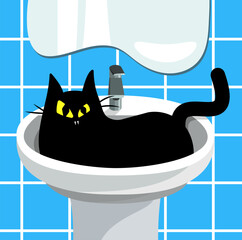 Cat is lying in sink. Art of funny black cat. Comic flat vector illustration. T-shirt cartoon style cute print.