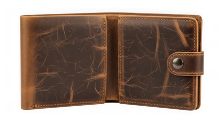 An open brown leather bifold wallet displaying its compartments and card slots, isolated on a transparent background