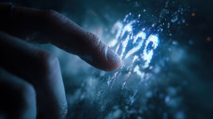 Fototapeta premium Finger touching glowing digital numbers, representing future technology and innovation.