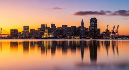 Fototapeta premium San Francisco skyline at sunset with the Bay Bridge in the background.
