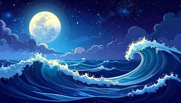 A dramatic nighttime seascape showcases large waves crashing against the dark ocean beneath a brilliant full moon and starry sky.