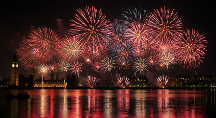 Vibrant Fireworks Display Illuminating the Night Sky Over a City Skyline.
