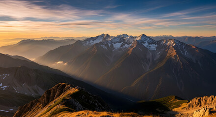 majestic mountain range sunset golden light