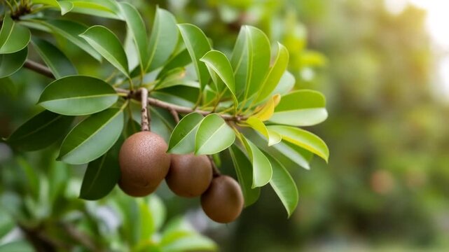 Close-up of sapodilla fruits hanging on a tree branch with lush green leaves under natural sunlight in a tropical setting.