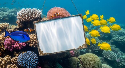 A colorful underwater scene showcases a thriving coral reef teeming with small yellow fish on the right and clownfish and a blue tang on the left side of a weathered empty signboard.