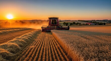 Fototapeta premium A combine harvester harvesting wheat in a golden field at sunset.