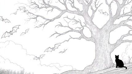 Monochrome sketch bats circling tree with black cat