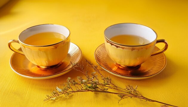 Golden Elixir Duo Two Elegant Teacups Brimming With Golden Liquid Rest Gracefully On Saucers Against A Sunny Yellow Expanse Complemented By Sprigs Of Dried Botanical Accents