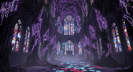 Mysterious gothic cathedral fuses ancient architecture with vibrant futuristic neon circuit board designs