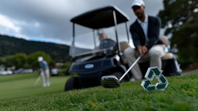 A golfer prepares to hit the ball while a recycling symbol serves as a reminder of the importance of environmental consciousness in sports and leisure activities.