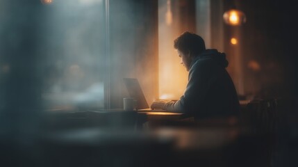 A working-age man studying an online course in a modern coffee shop, with simple learning strategy diagrams glowing from his laptop screen, representing proactive learning and personal development in 
