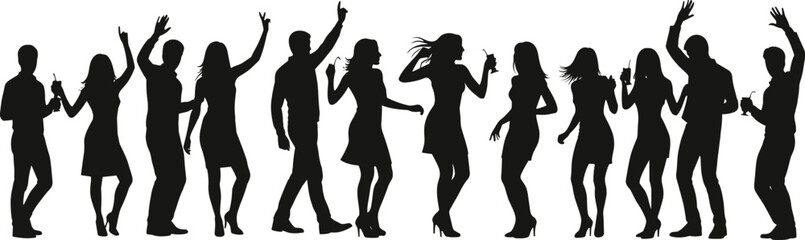 Silhouette of People Dancing and Celebrating with Drinks, Party Vibe, Nightlife Fun, Social Gathering, Joyful Celebration on White Background