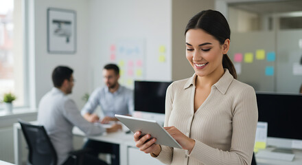 Obraz premium Smiling businesswoman using tablet in modern office setting.