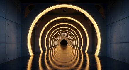 Illuminated tunnel glowing light futuristic design modern architecture interior perspective abstract art