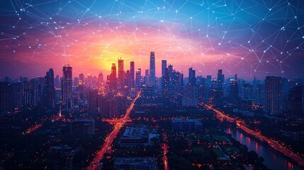 Fototapeta premium Sunset cityscape with network connections. (1)