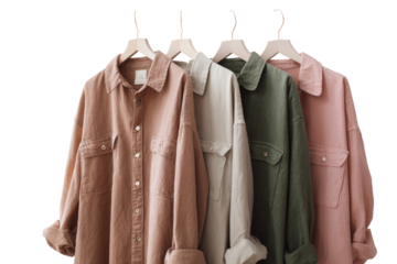 Four corduroy shirts on hangers, in muted colors