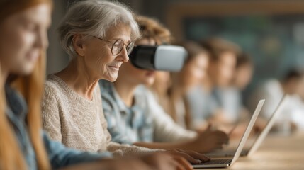 A diverse group of people from teenagers to seniors learning new skills through laptops, tablets, and VR headsets in a bright modern environment, symbolizing adaptability and lifelong learning across 