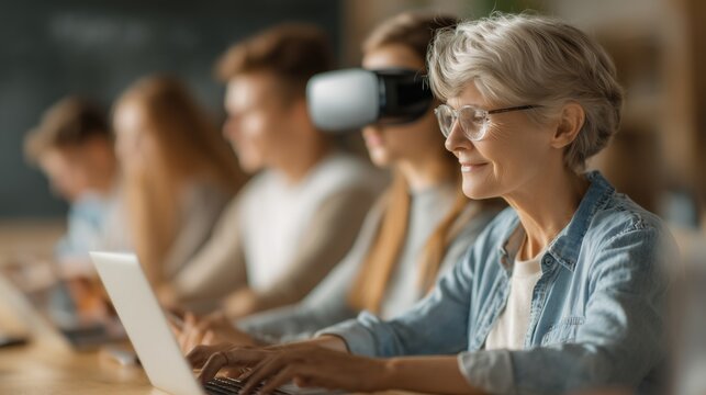 A diverse group of people from teenagers to seniors learning new skills through laptops, tablets, and VR headsets in a bright modern environment, symbolizing adaptability and lifelong learning across 