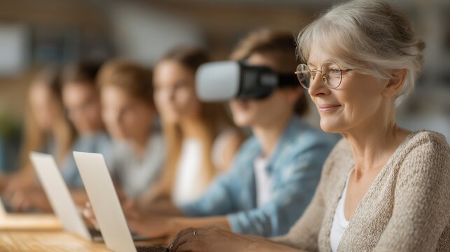A diverse group of people from teenagers to seniors learning new skills through laptops, tablets, and VR headsets in a bright modern environment, symbolizing adaptability and lifelong learning across 
