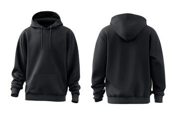 Front and back view of a dark gray hoodie.  Drawstring hoodie with long sleeves.  Plain, simple design