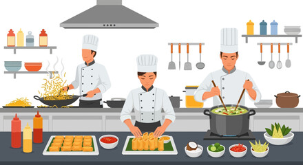 Animated Chefs Preparing Diverse Dishes in a Well-Equipped Kitchen Environment