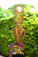 beautiful golden trophy with thailand ribbon on green tree background