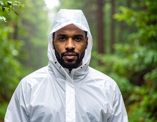 Man in White Raincoat in Forest