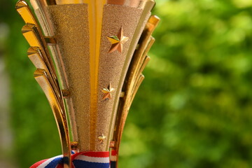 beautiful golden trophy with thailand ribbon on green tree background