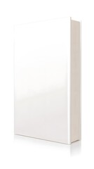 Naklejka premium A standing hardcover book with a blank white cover and spine showing cream-colored pages with a subtle reflection.
