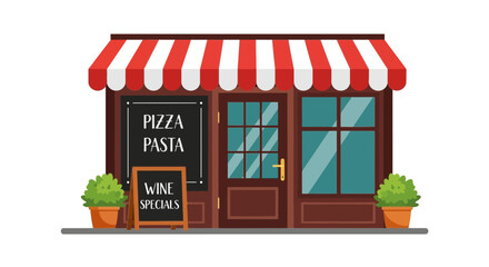 Charming Italian Eatery Front with Striped Awning and Menu Blackboard