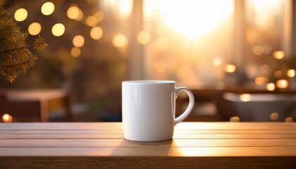 Obraz premium Elegant White Mug On Wooden Table Surrounded By Warm Natural Light Creating A Cozy Inviting Atmosphere