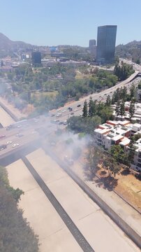 Drone Rising Above Smoke and Fire Response Near Freeway in Los Angeles, June 22, 2025