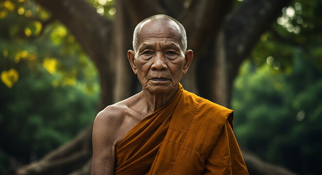 Elderly Buddhist Monk in Traditional Robes Meditating Peacefully.