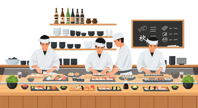 Dedicated sushi chefs crafting exquisite rolls behind the counter display