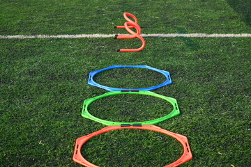 equipment of football on green grass background, object of sport