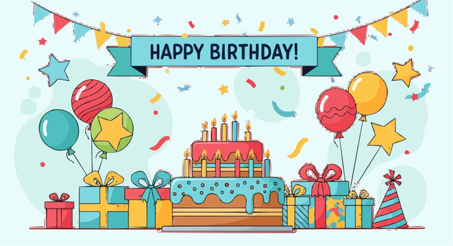Happy birthday party celebration with cake balloons and gifts vector illustration design template free vector