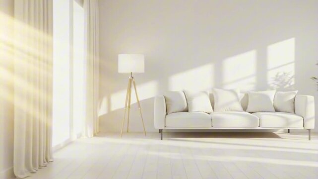 Sunlit room with white sofa lamp curtains and plant creating a bright and airy interior space