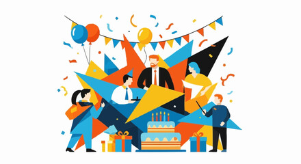 Obraz premium Celebrate birthday party with cake balloons and gifts for office team members and festive decorations vector