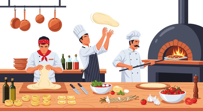 Delightful cartoon illustration showcasing the pizza making process