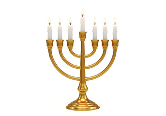 Fototapeta premium Golden menorah with burning candles isolated on white background, traditional Jewish Hanukkah lamp symbolizing festival of lights, religious ritual object for worship, celebration, and cultural herita