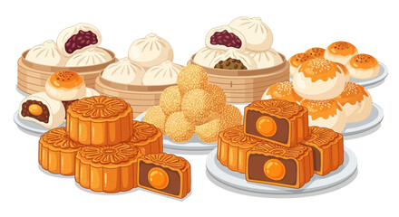 Festive display of assorted Chinese pastries, representing Mid-Autumn tradition