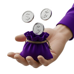Hand Offering a Pouch of Silver Coins on Black Background