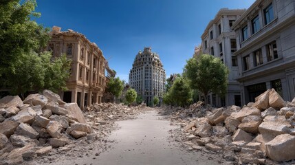 Abandoned destroyed city in apocalyptic wasteland concept. Abandoned street scene showing devastation and urban decay.
