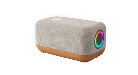 Modern fabric speaker with wood base and colorful led light ring isolated on transparent background